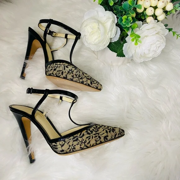 Bottega Veneta Black & Beige Lace “Perfect T” Strap Pointed Toe Pumps. Auth. - Picture 10 of 17